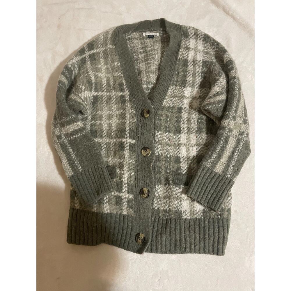 American Eagle Outfitters Plaid Knit Cardigan Sweater Button V-Neck Gray White M
